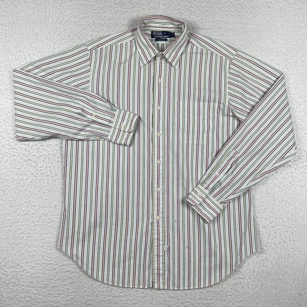 Polo Ralph Lauren Shirt Mens 16.5-36 White Colorful Stripes Vintage Workwear